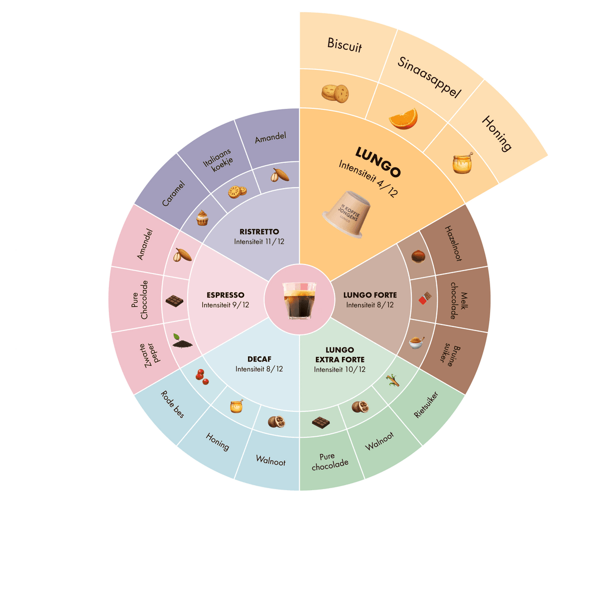 De Koffiejongens - smaakwiel koffiecups lungo