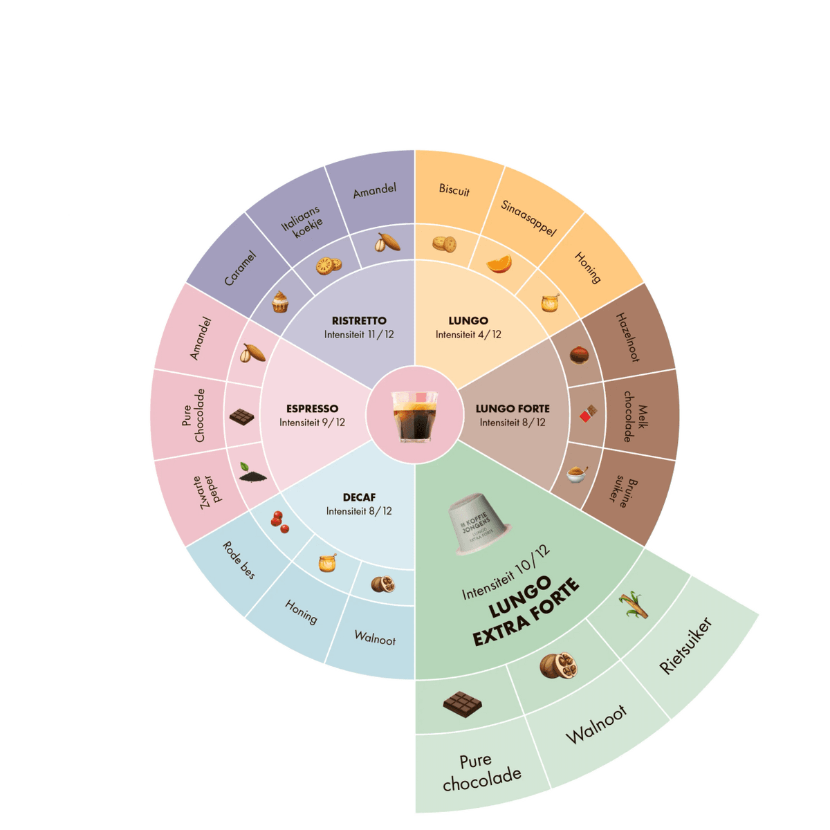 De Koffiejongens - smaakwiel koffiecups lungo extra forte